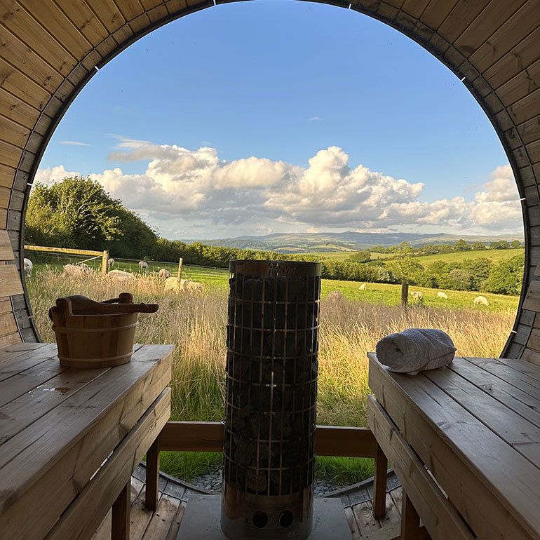 Outdoor sauna with stunning views across Devon countryside