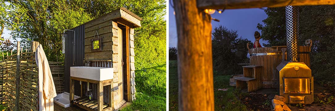 Wood-fired hot tub and washing facilities at Great Links Yurt